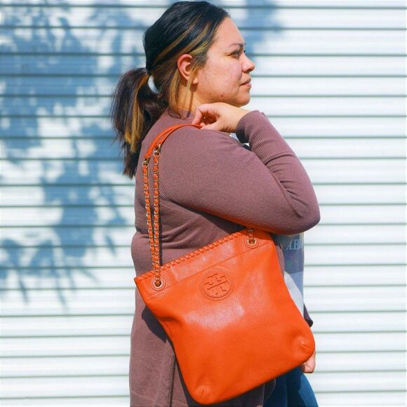 NWT Tory Burch MARION Leather Book Bag with Chain Orange $495+ - Picture 2 of 10